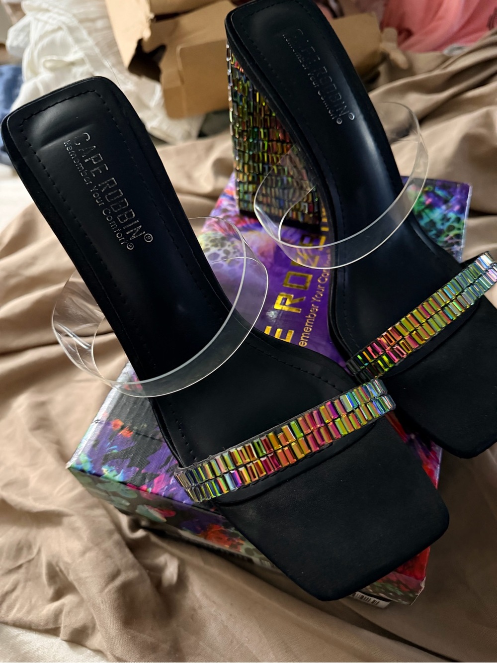 Cape Robbin Black Heeled Slides with Multicolor Beaded Accents